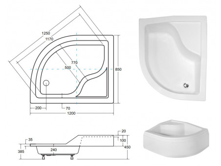 Duschwanne Halbrund Maxi 120x85x24 Links | Ablaufgarnitur & Füße im SET!