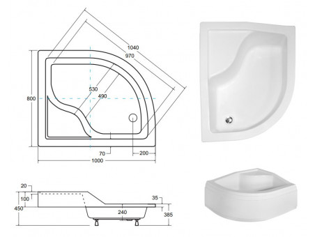 Duschwanne Halbrund Maxi 100x80x24 Rechts | Ablaufgarnitur & Füße im SET!