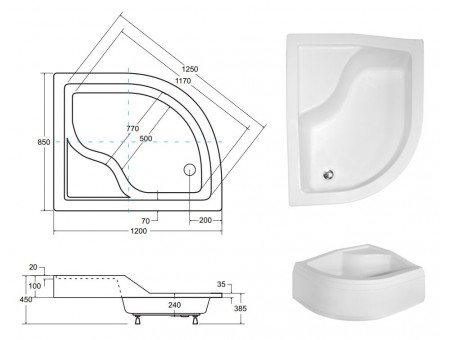Duschwanne Halbrund Maxi 120x85x24 Rechts | Ablaufgarnitur & Füße im SET!
