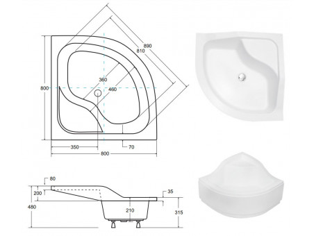 Duschwanne Halbrund Oliver II 80x80x21 | Ablaufgarnitur & Füße im SET!