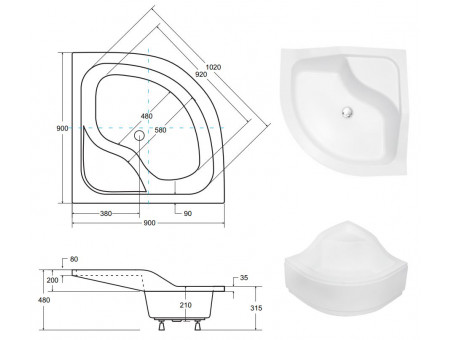 Duschwanne Halbrund Oliver II 90x90x21 | Ablaufgarnitur & Füße im SET!