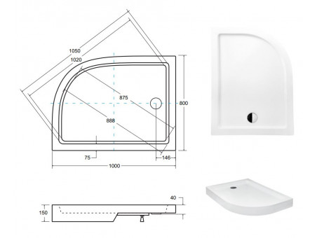Duschwanne Halbrund Saturne 100x80 Links | Ablaufgarnitur & Füße im SET!