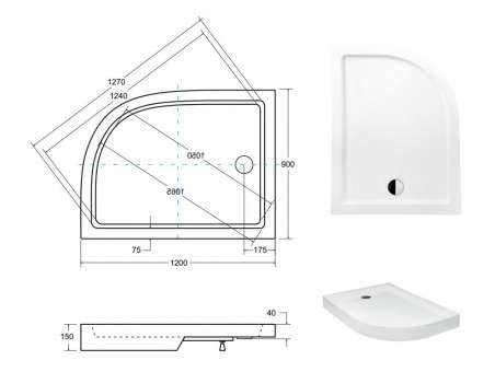 Duschwanne Halbrund Saturne 120x90 Links | Ablaufgarnitur & Füße im SET!