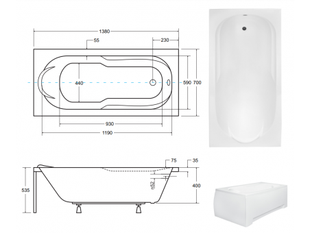 Badewanne Rechteck Bona 140x70 | Ablauf Viega & Füße GRATIS !