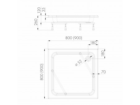 Duschwanne Viereck Zefir 80x80x26 | Ablaufgarnitur & Füße im SET !