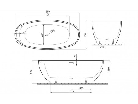 Freistehende Badewanne Kivi 165x75 Schwarz Matt | Ablauf & Füße im SET!