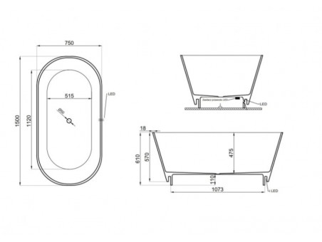 Freistehende Badewanne Led Ida 150x75 Mineral | Ablaufgarnitur im SET!