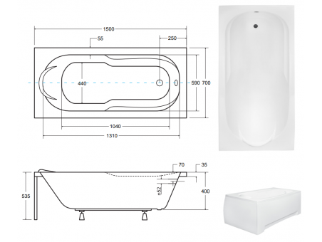 Badewanne Rechteck Bona 150x70 | Ablauf Viega & Füße GRATIS !