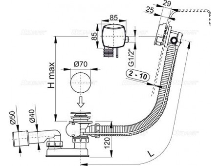 Füllfunktion Siphon für Badewannen 60cm | Ab- / Überlauf Automat Ablaufgarnitur
