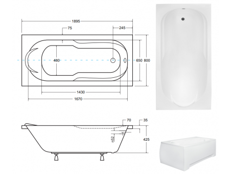 Badewanne Rechteck Bona 190x80 | Ablauf Viega & Füße GRATIS !