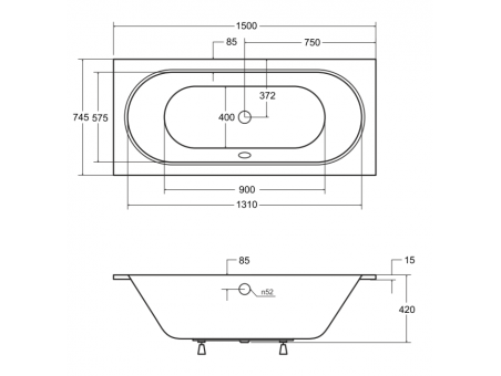 Badewanne Rechteck Vitae Slim 150x75 Rand 15mm | Ablauf Viega & Füße GRATIS !