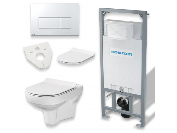 WC SET: Vorwandelement C201 + Toilette Slim Soft-Close City-Cleanon Weiß + Schallschutzmatte + Betätigungsplatte in Chrom