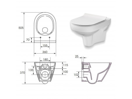 WC SET: Vorwandelement C201 + Toilette Slim Soft-Close City-Cleanon Weiß + Schallschutzmatte + Betätigungsplatte in Chrom