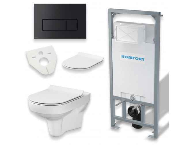 WC SET: Vorwandelement C201 + Toilette Slim Soft-Close City-Cleanon Weiß + Schallschutzmatte + Betätigungsplatte in Schwarz
