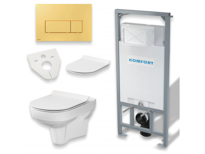 WC SET: Vorwandelement C201 + Toilette Slim Soft-Close City-Cleanon Weiß + Schallschutzmatte + Betätigungsplatte in Gold