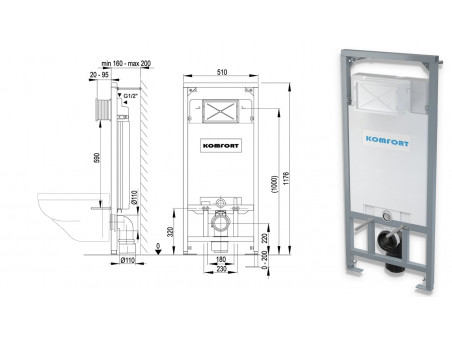 WC SET: Vorwandelement C201 + Toilette Slim Soft-Close Desna Weiß + Schallschutzmatte + Betätigungsplatte in Schwarz