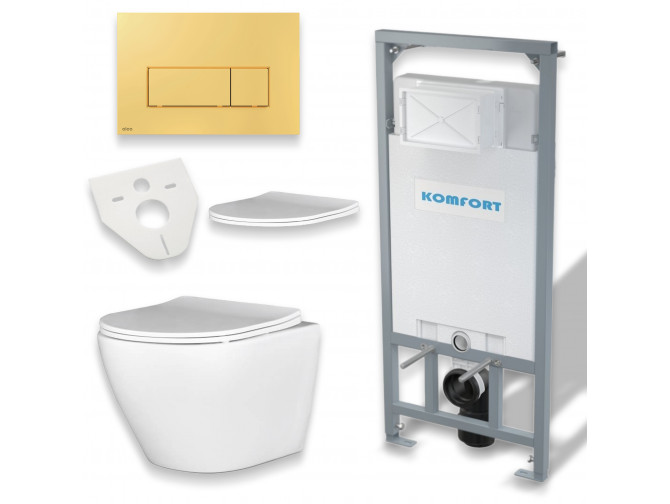 WC SET: Vorwandelement C201 + Toilette Slim Soft-Close Desna Weiß + Schallschutzmatte + Betätigungsplatte in Gold