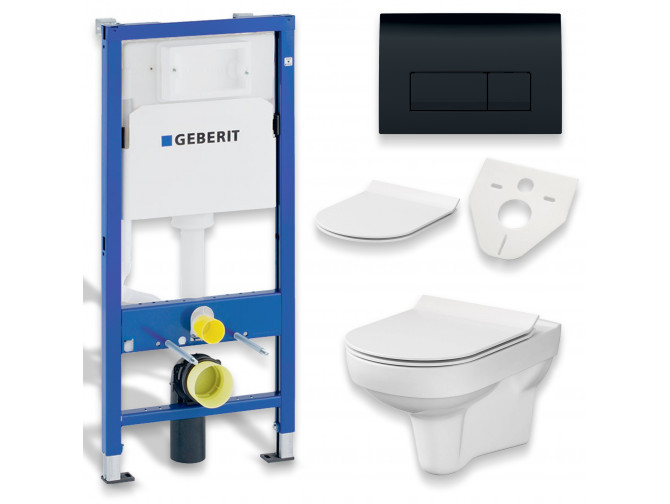 WC SET: Vorwandelement Duofix + Toilette Slim Soft-Close City-Cleanon Weiß + Schallschutzmatte + Betätigungsplatte in Schwarz
