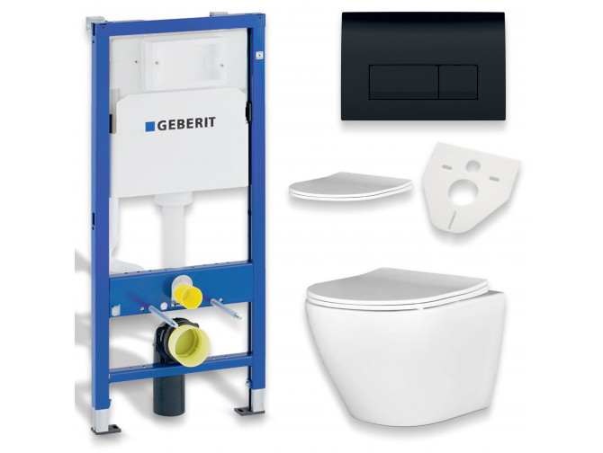 WC SET: Vorwandelement Duofix + Toilette Slim Soft-Close Desna Weiß + Schallschutzmatte + Betätigungsplatte in Schwarz