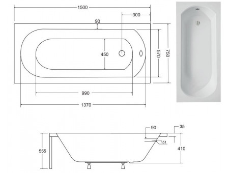 Badewanne Rechteck Intrica 150x75 | Ablauf Viega & Füße GRATIS !