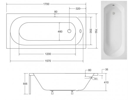 Badewanne Rechteck Intrica 170x75 | Ablauf Viega & Füße GRATIS !